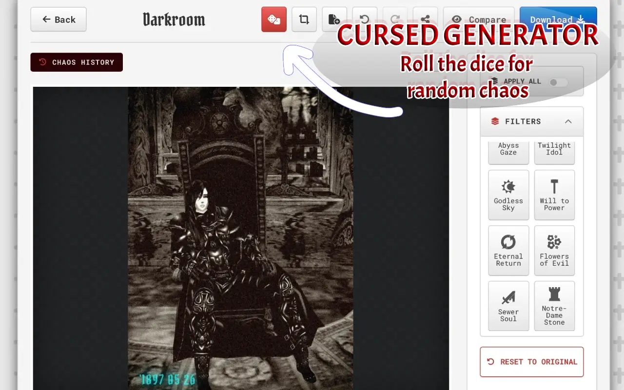 Use the Cursed Generator tool to create random weirdcore aesthetic artifacts