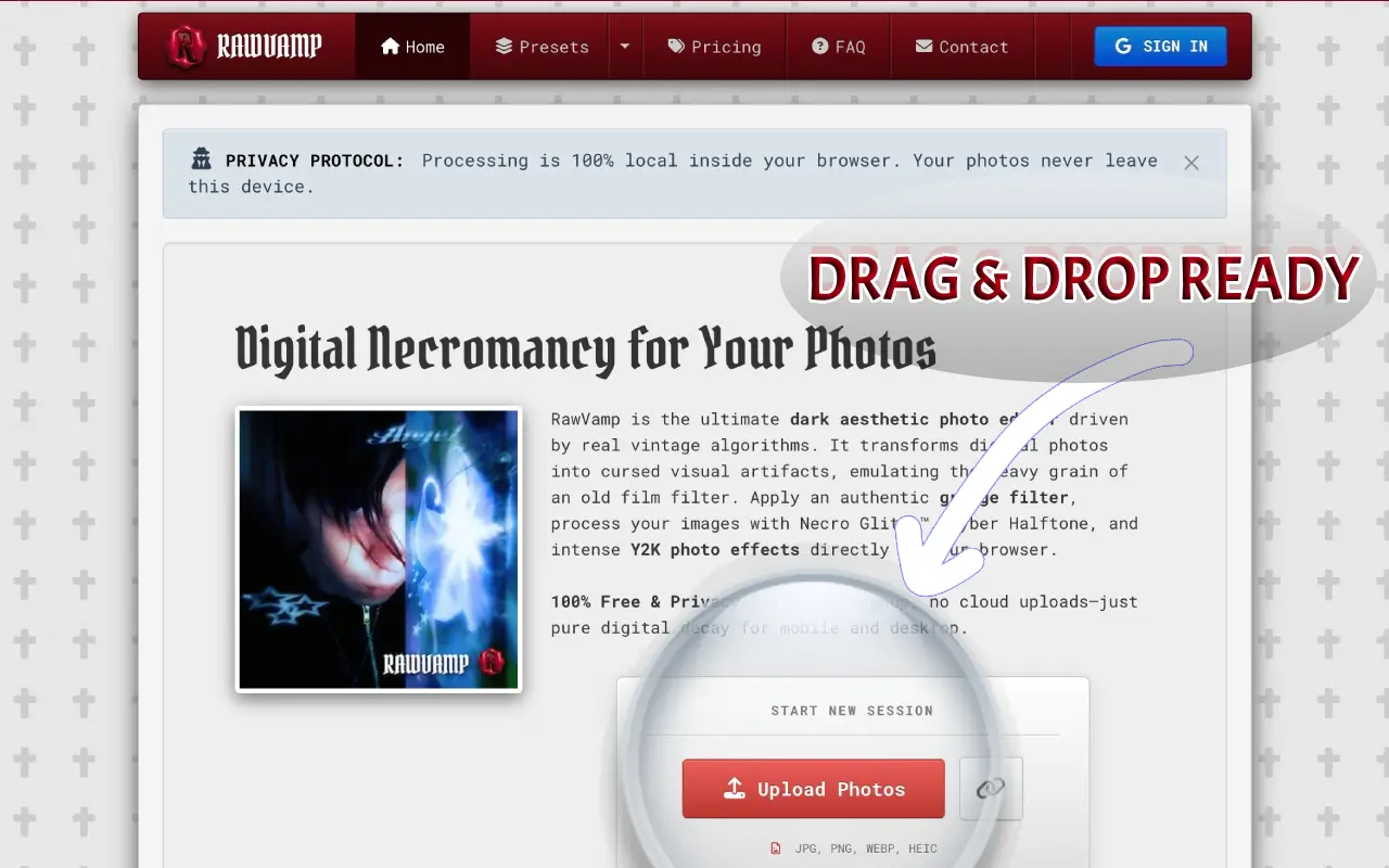 Drag and drop photo editor interface for quick dark aesthetic edits
