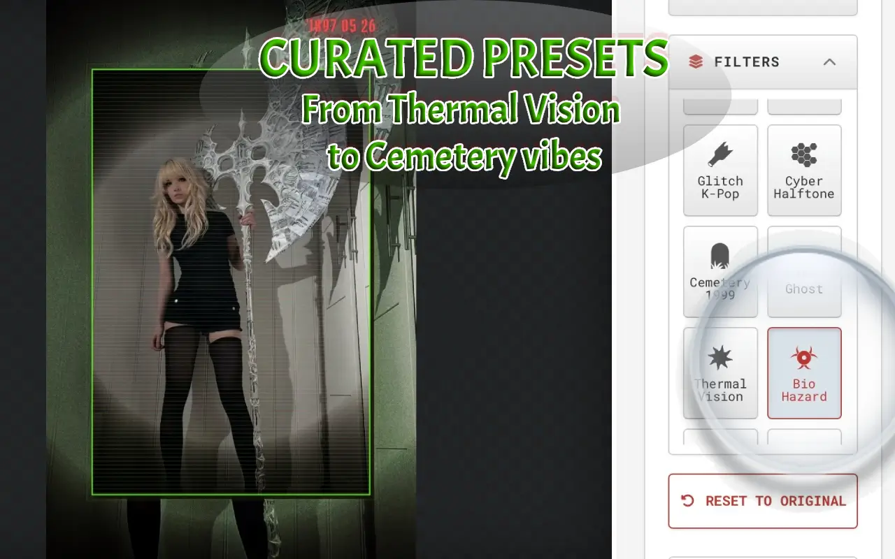 Curated dark presets from Thermal Vision to Cemetery vibes for dreamcore PFP