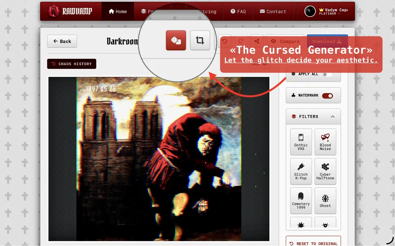 Glitch art maker generating a cursed dreamcore aesthetic and TV static effect photo.