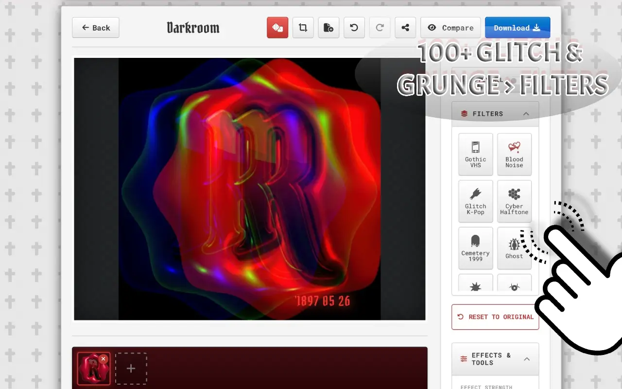 Apply over 100 glitch art and grunge filters online in one click