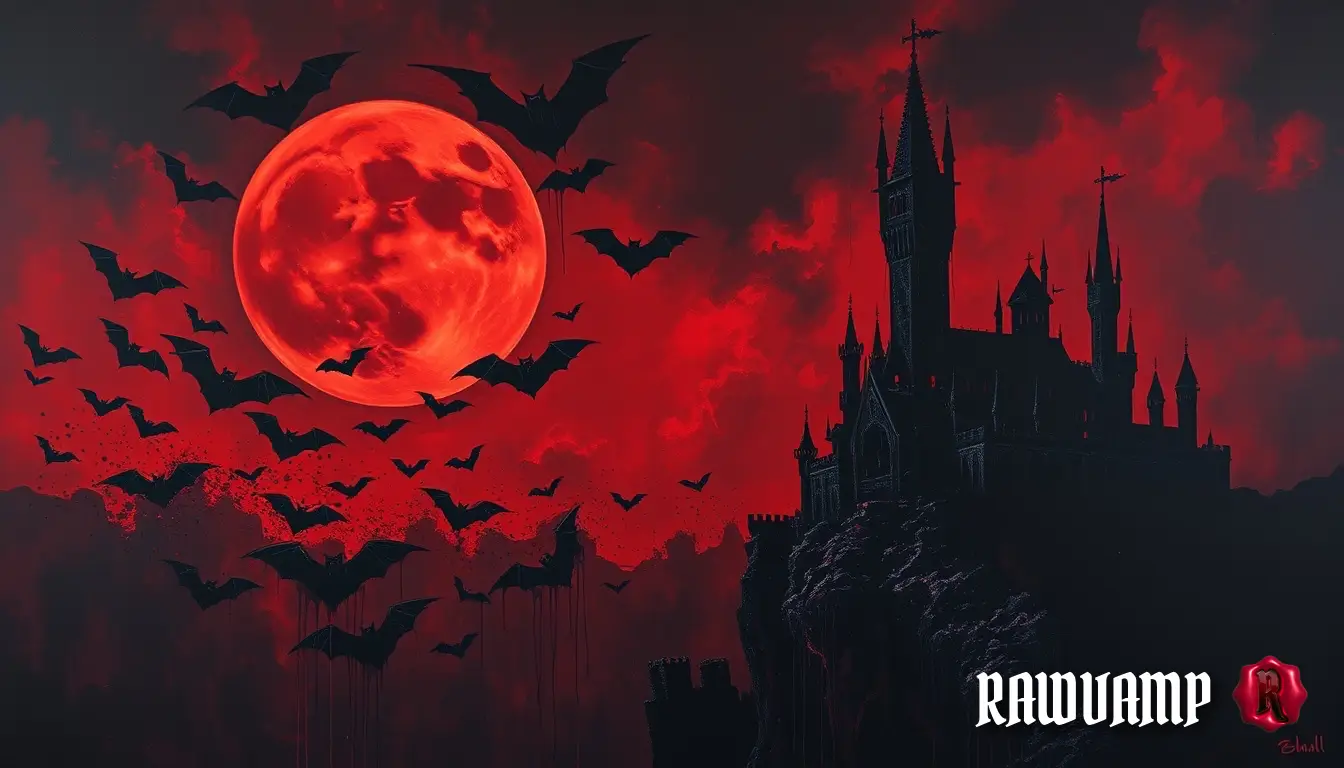 Vampire gothic castle with a blood red moon, serving as a dark nature aesthetic wallpaper