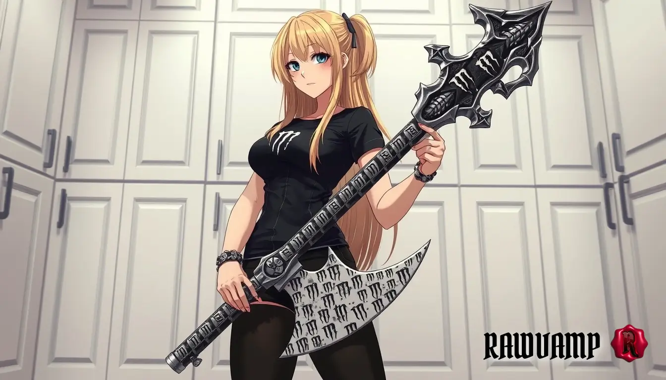 Aesthetic anime dark wallpaper featuring a blonde girl holding a massive gothic cyber axe with Monster Energy decals