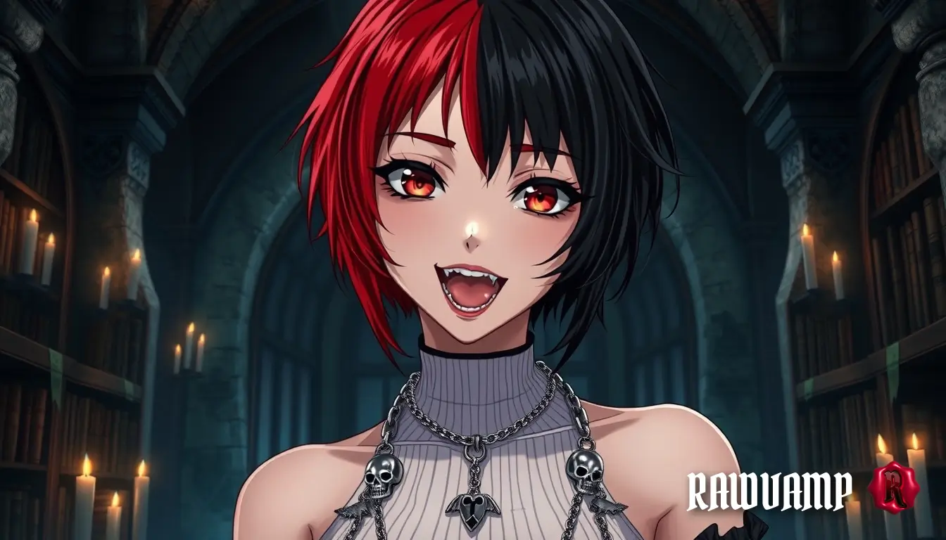 Aesthetic anime black wallpaper featuring a vampire girl with split red and black hair in a dark candlelit gothic room