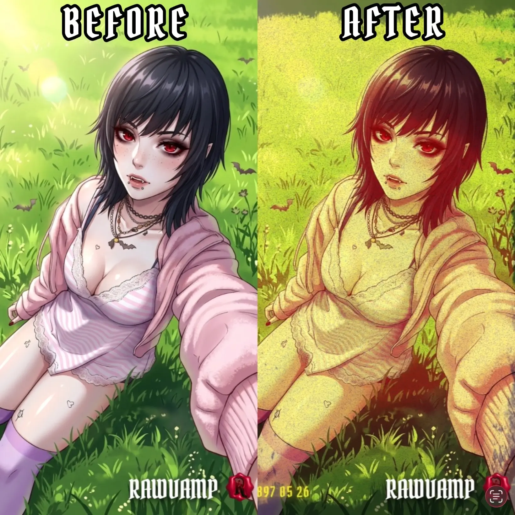 Before and after transformation applying a vintage Y2K and weirdcore anime aesthetic filter using the best free online pic filter app.