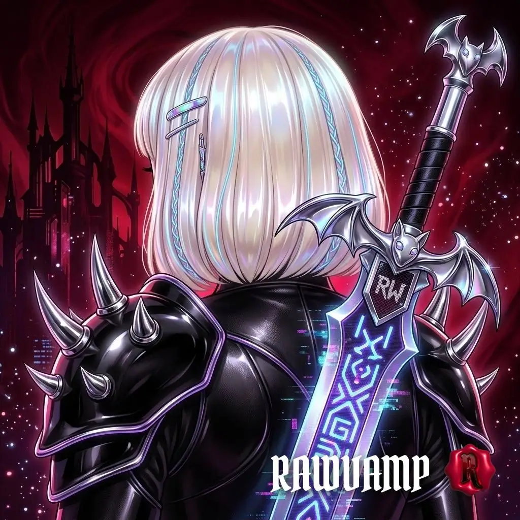 Dark cybercore aesthetic pfp featuring an anime girl with a gothic bat sword