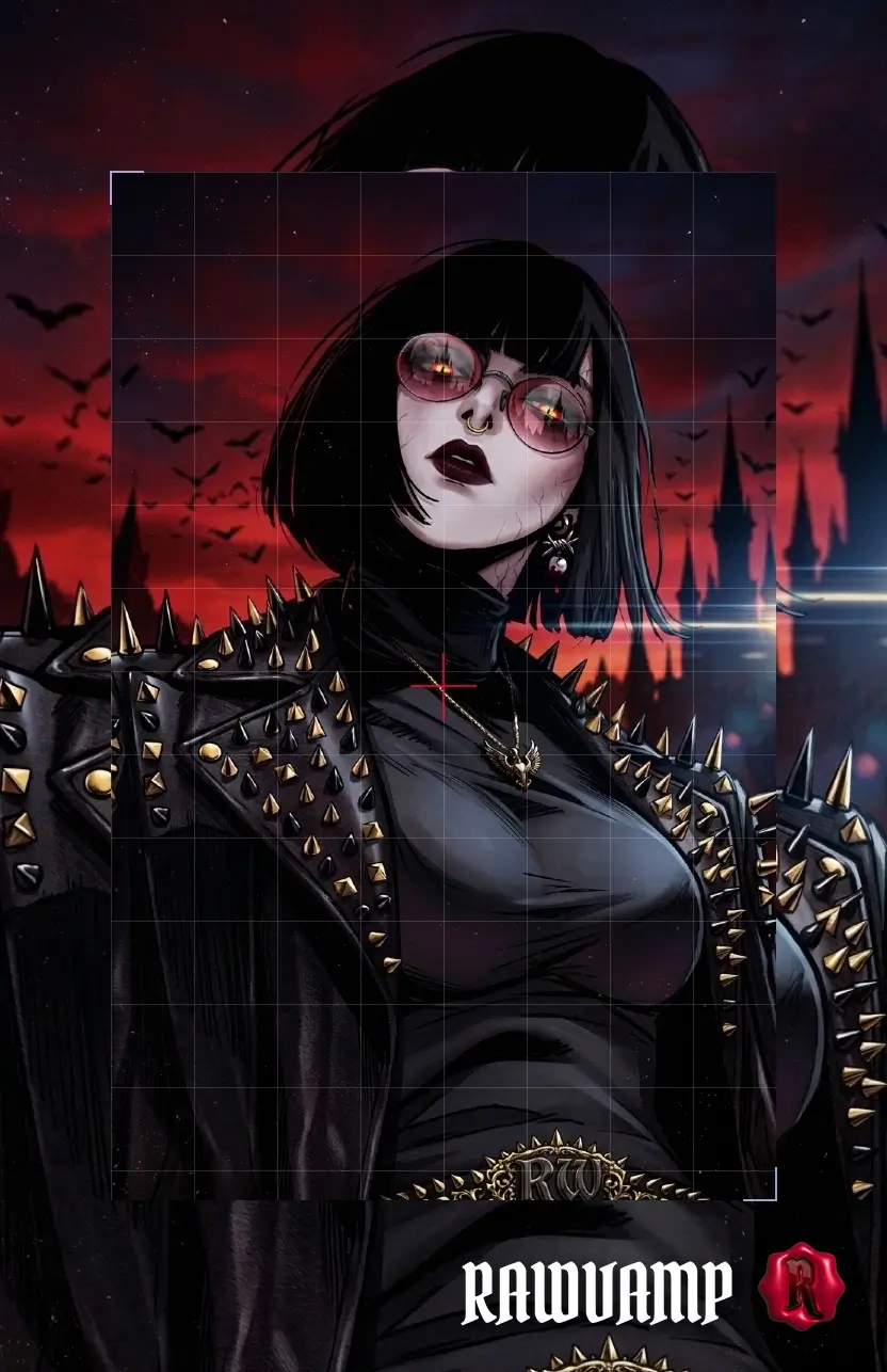 The best free online image editor interface applying a dark aesthetic red filter to a gothic portrait, cropped to show face and chest harness.