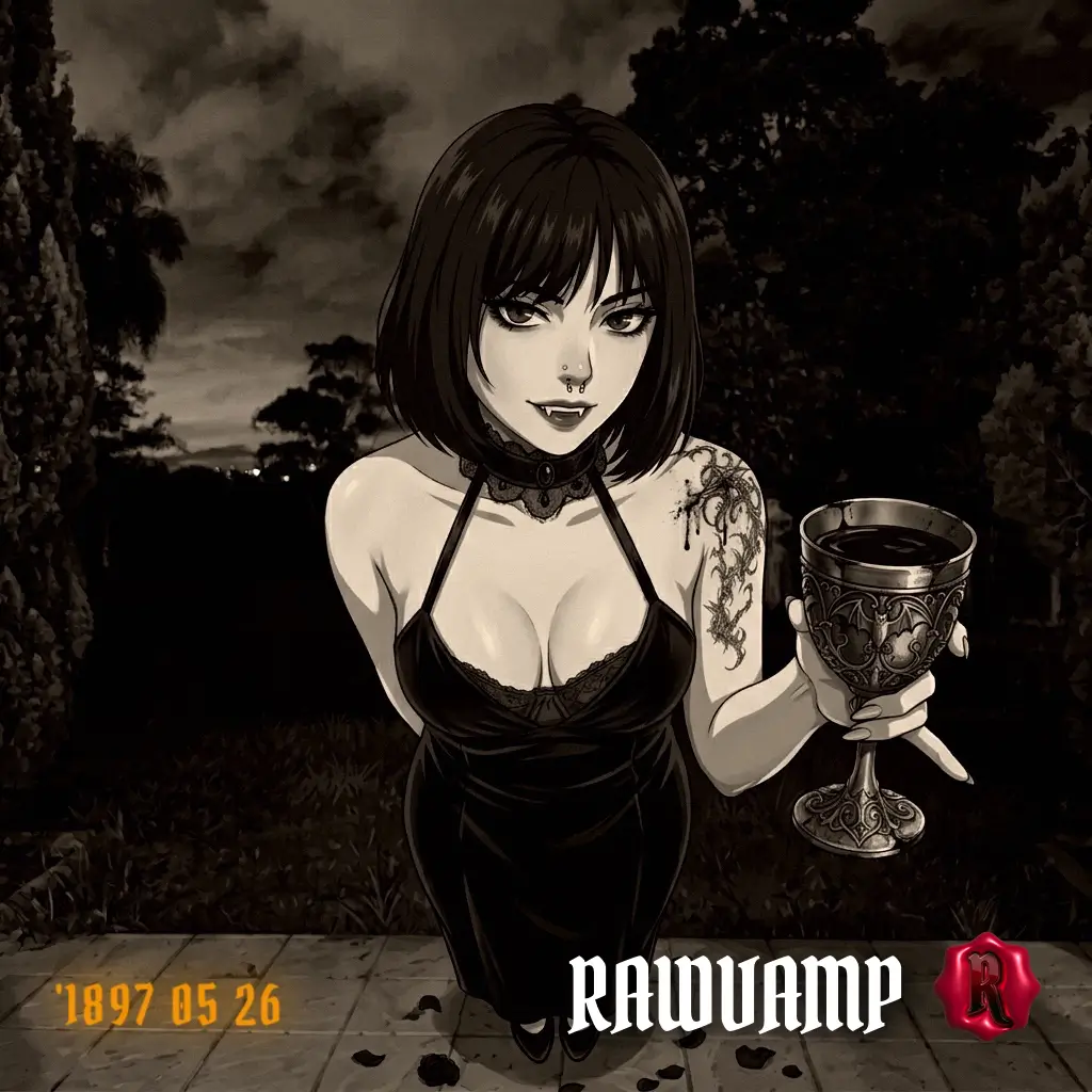 Classic black and white photo converter effect on the same anime vampire portrait, creating a soft, silver gelatin aesthetic monochrome look.