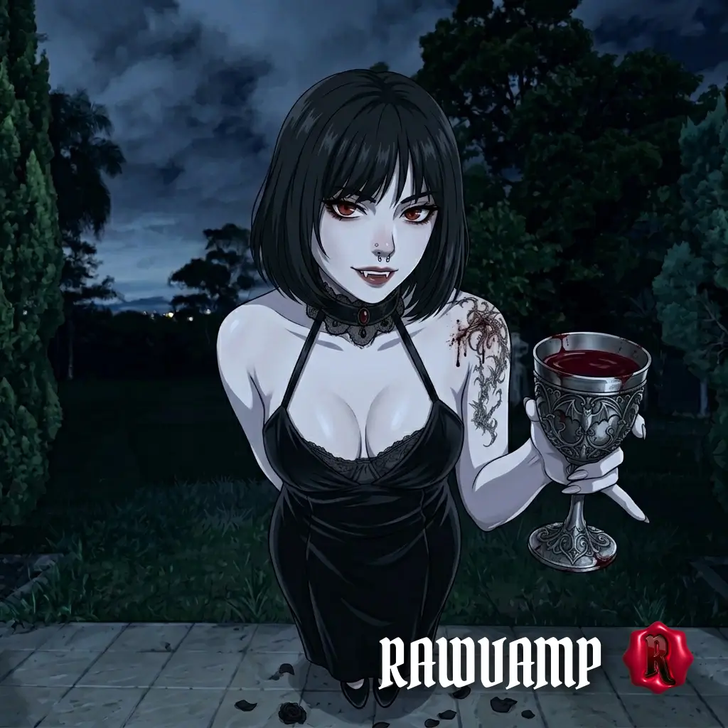 Full color original anime illustration of a female vampire in a black dress holding a chalice, before conversion with our black and white photo converter.