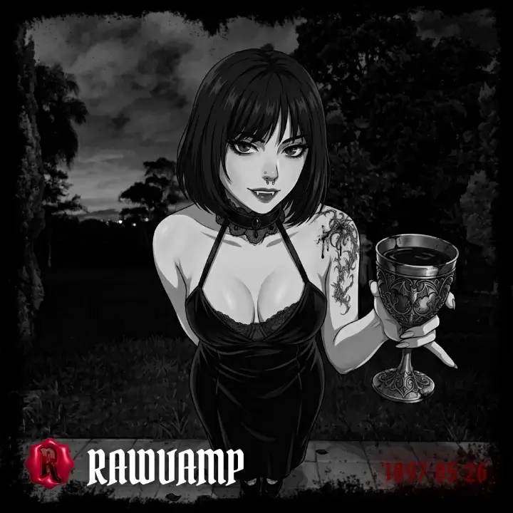 Gothic Noir filter aesthetic applied to a black and white anime vampire portrait with heavy grunge border, perfect for a dark pfp. Black background and sharp contrast.
