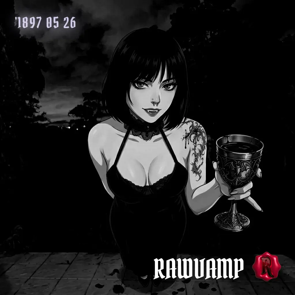 Warm sepia-toned platinum print aesthetic filter applied to the anime vampire illustration, showcasing a vintage gothic camera filter ai style.