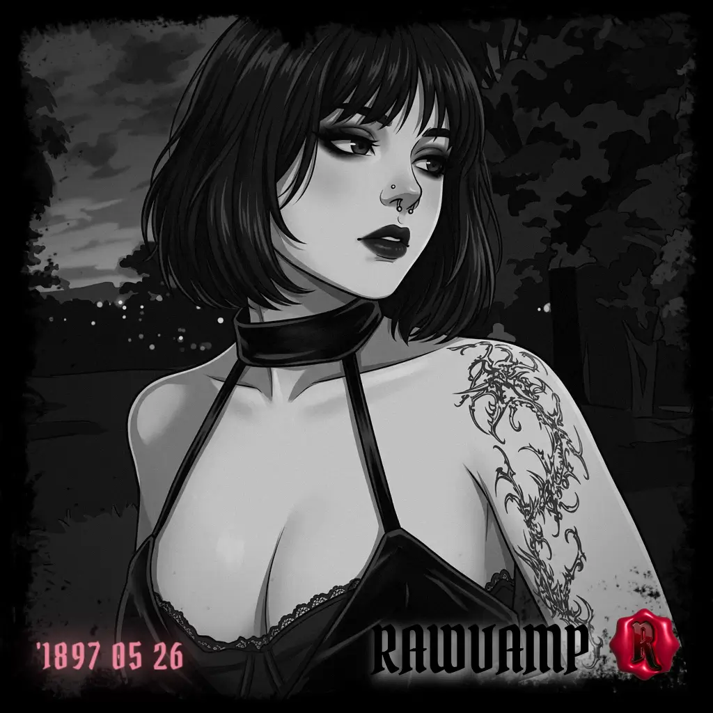 Classic black and white photo converter effect on the same anime vampire portrait, creating a soft, silver gelatin aesthetic monochrome look.