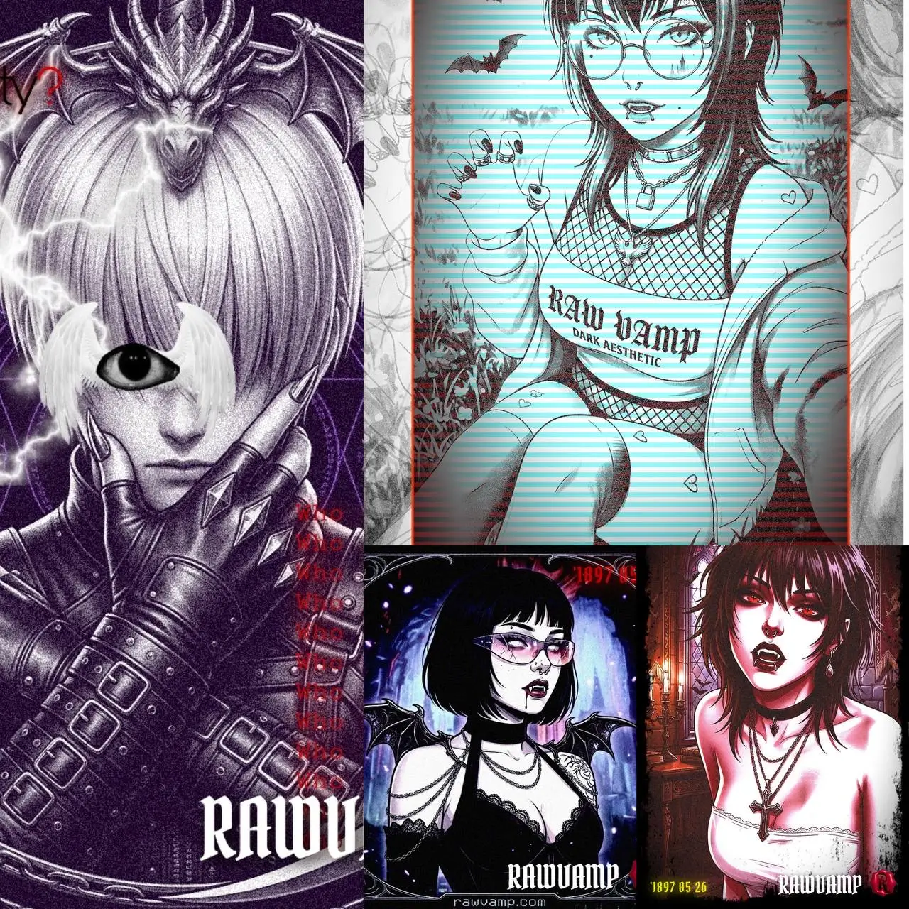 Collage of dark aesthetic PFP styles including weirdcore, goth, and red vamp filters