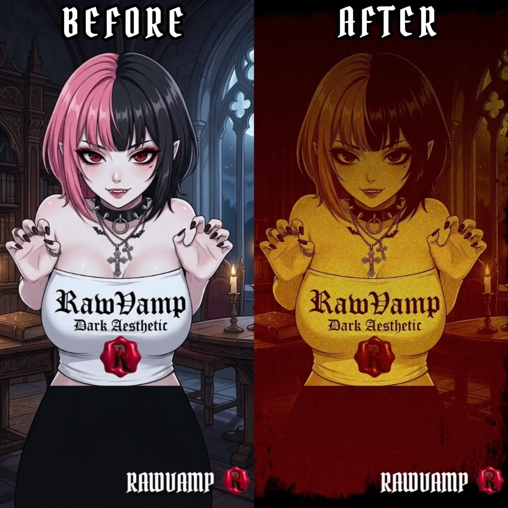 Before and after transformation applying a dark gothic vampire anime filter with heavy grain.