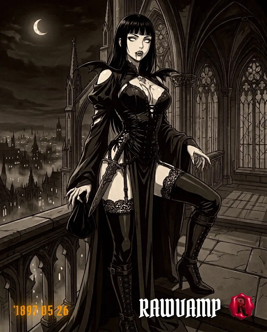 Cinematic black and white filter applied to a gothic vampire portrait using a free online photo editor.