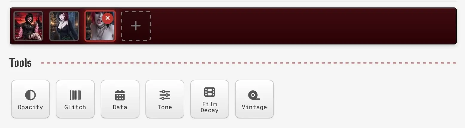 Glitch photo effect tools interface inside the editor
