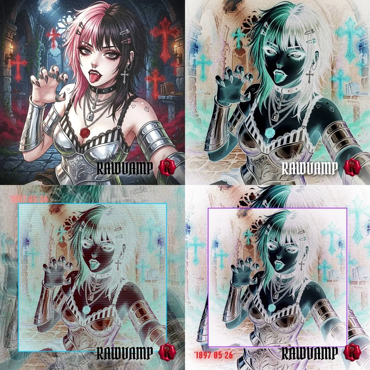 Demonstration of the negative photo filter inverting colors of a goth vampire portrait to create a y2k pfp.