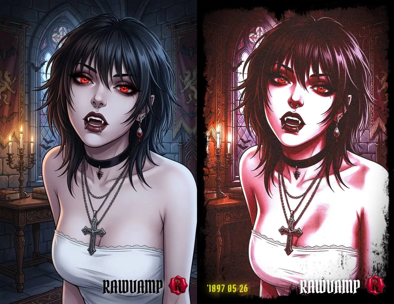 Pale goth portrait converted to a crimson red dark PFP aesthetic