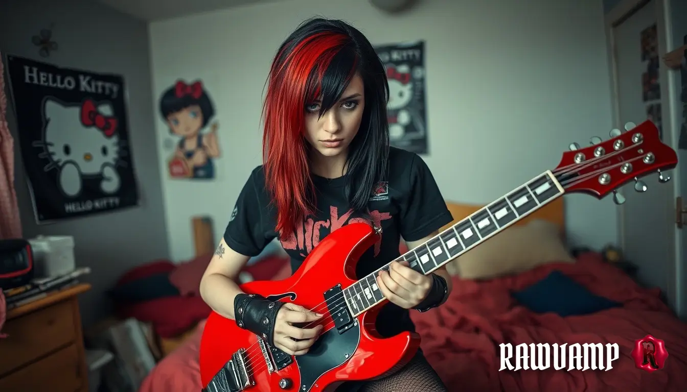 Scenecore and emo aesthetic wallpaper featuring a girl with split red and black hair playing a red electric guitar in a Y2K bedroom