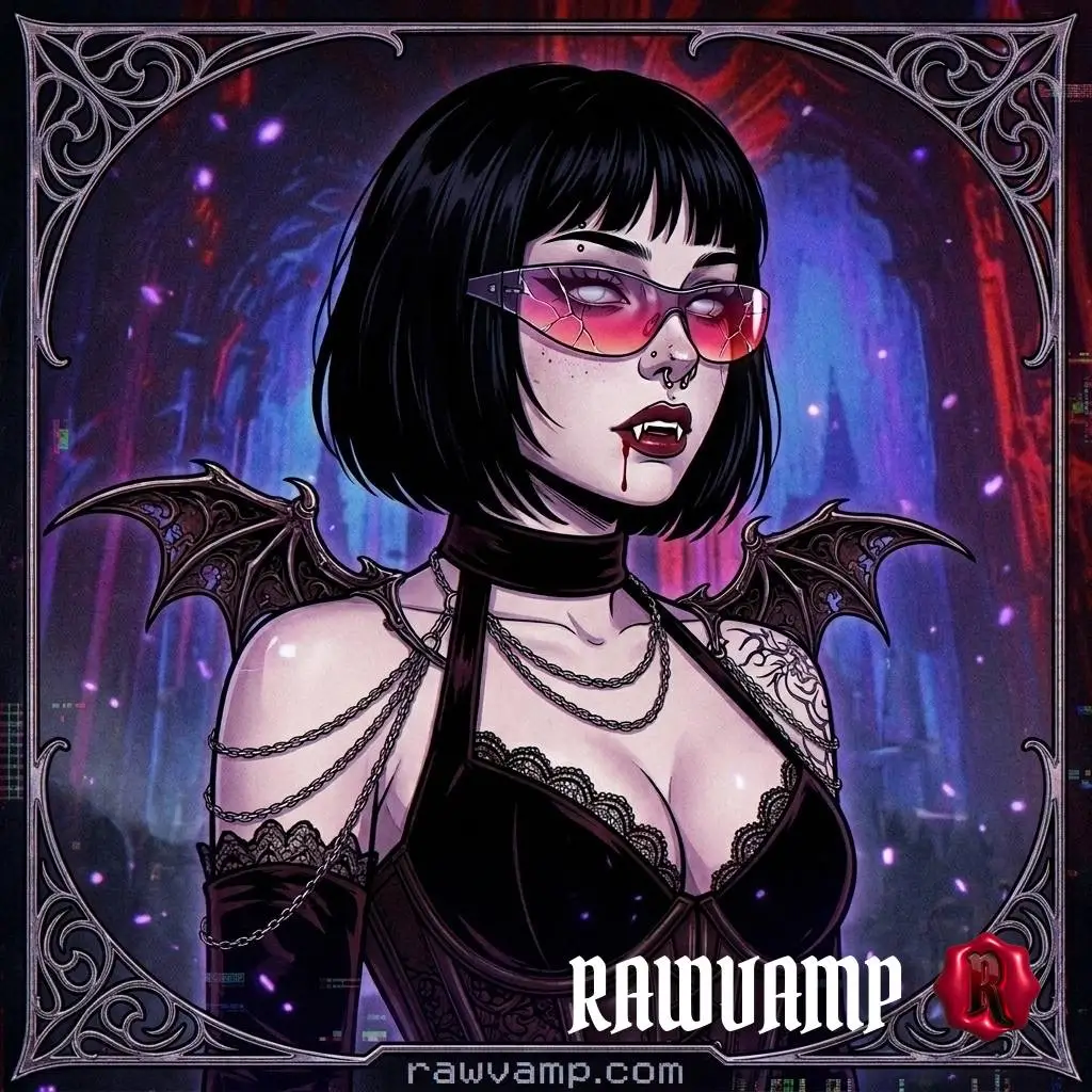 Synthwave neon glitch PFP aesthetic with vampiric dark tones