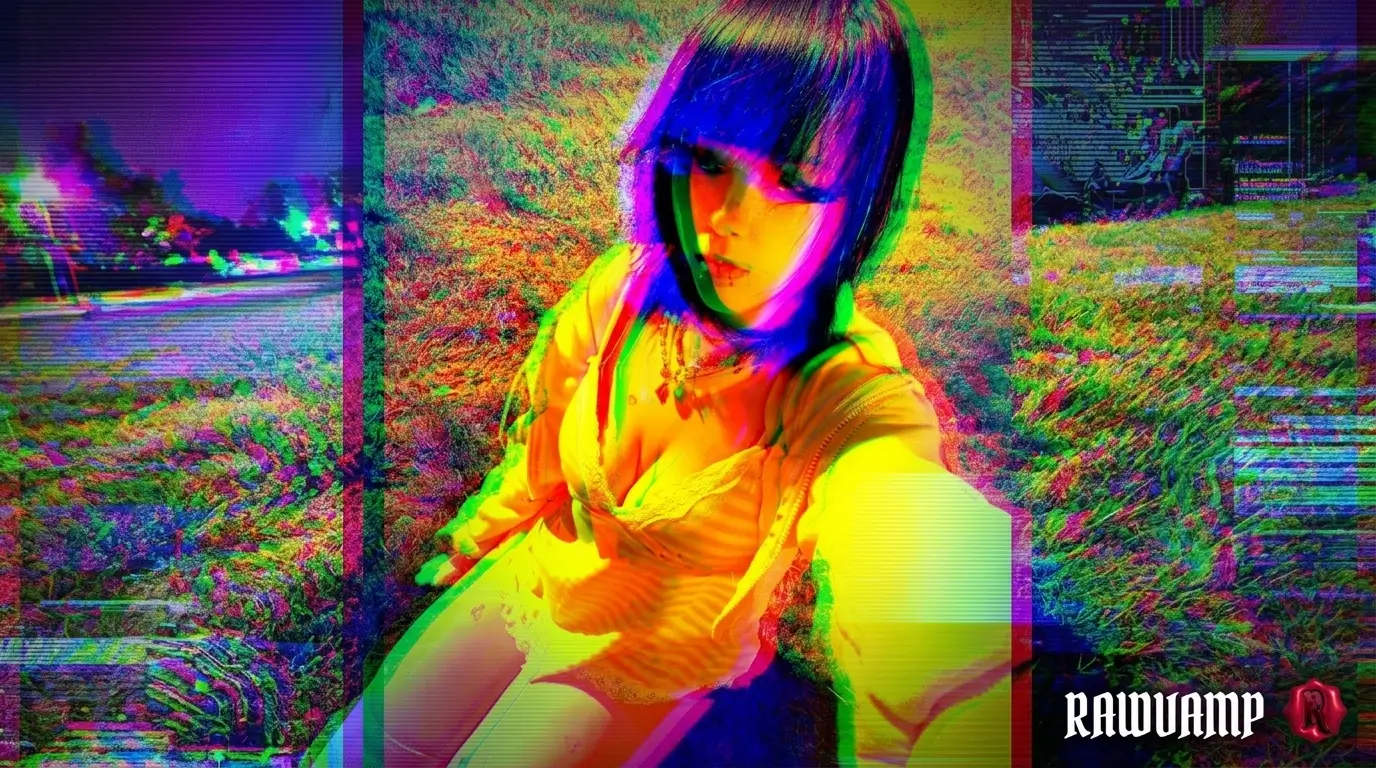 Trippy dark aesthetic wallpaper for PC featuring a grunge girl with heavy Y2K RGB glitch and chromatic aberration effects