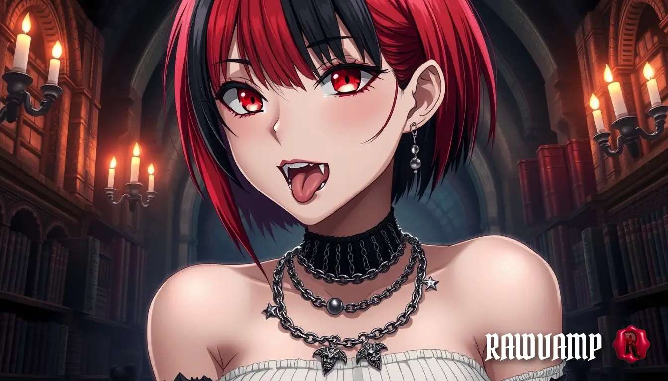 Baddie vampire aesthetic anime wallpaper featuring a close-up of a girl with split red and black hair in a dark gothic library