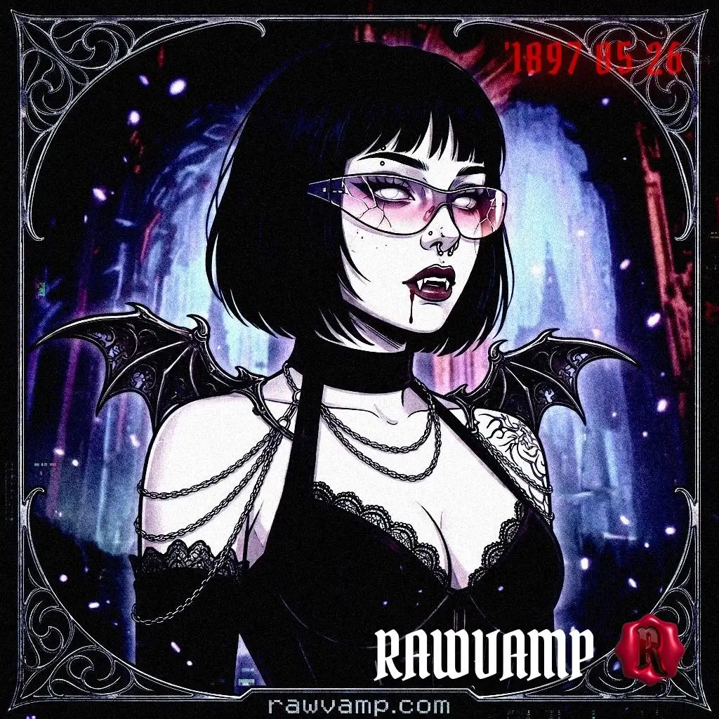 Vampire dark aesthetic PFP featuring a goth girl with glowing glasses