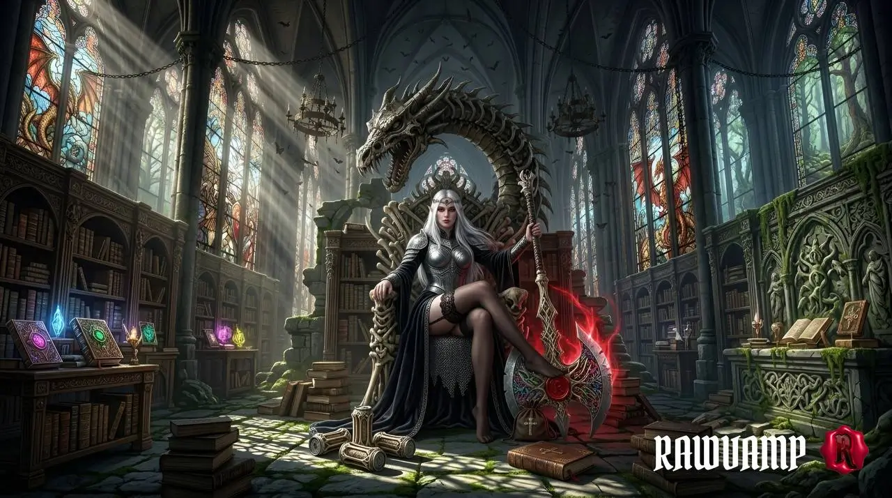 Vampire queen sitting on a dragon bone throne in a dark gothic cathedral library wallpaper