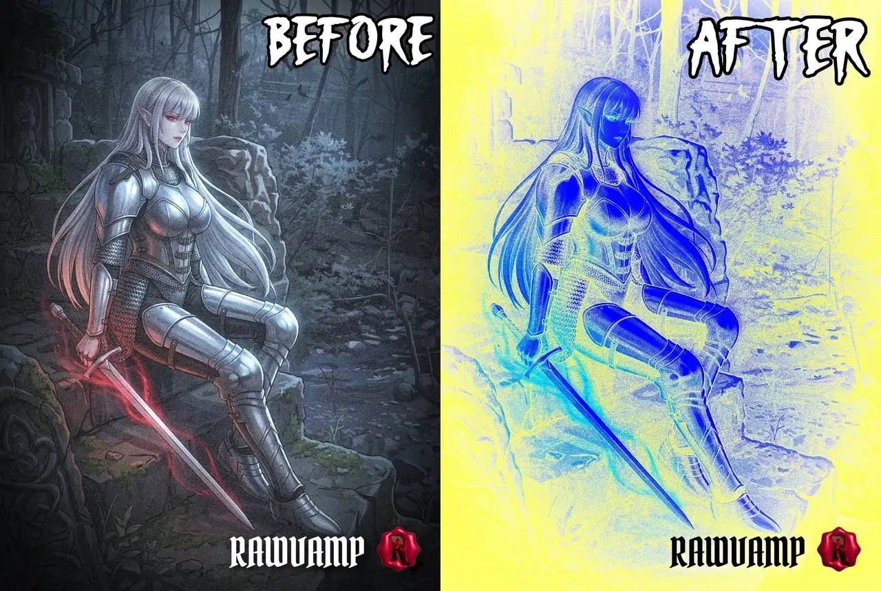 Vintage camera filter ai applying a harsh blue negative inversion.