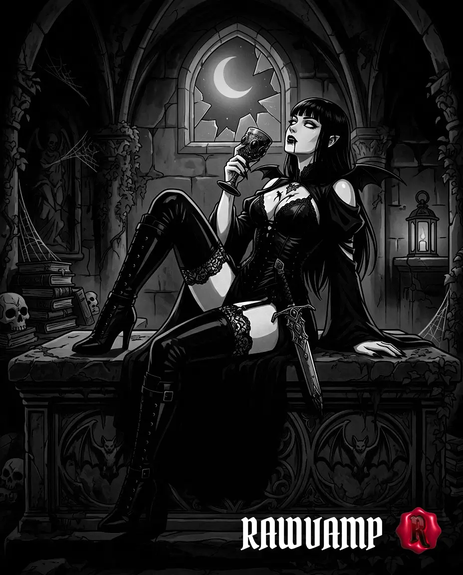 Dark aesthetic vampire illustration edited with crisp noir contrast on a picture editing website