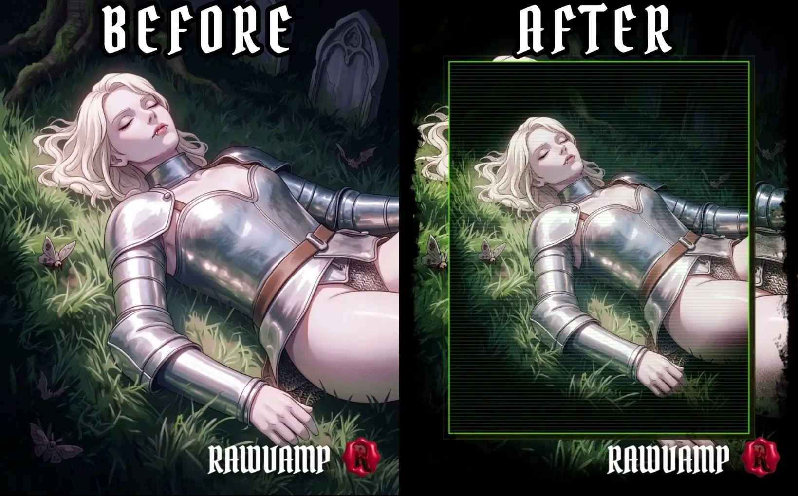 Before and after weirdcore anime aesthetic edit featuring CRT scanlines and liminal signal damage.