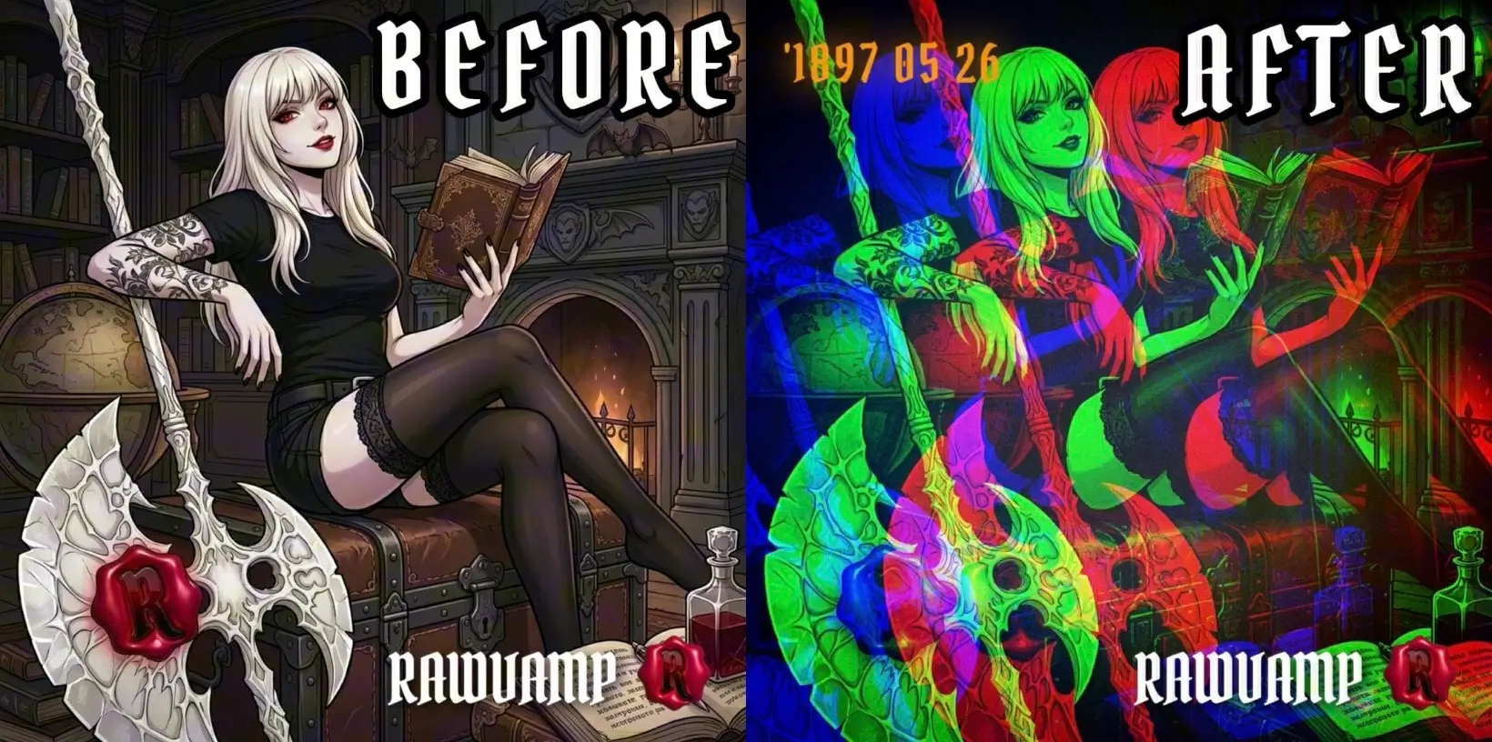 Before and after Y2K cyber glossy filter applied to an anime character with RGB glitch and digital decay effects.