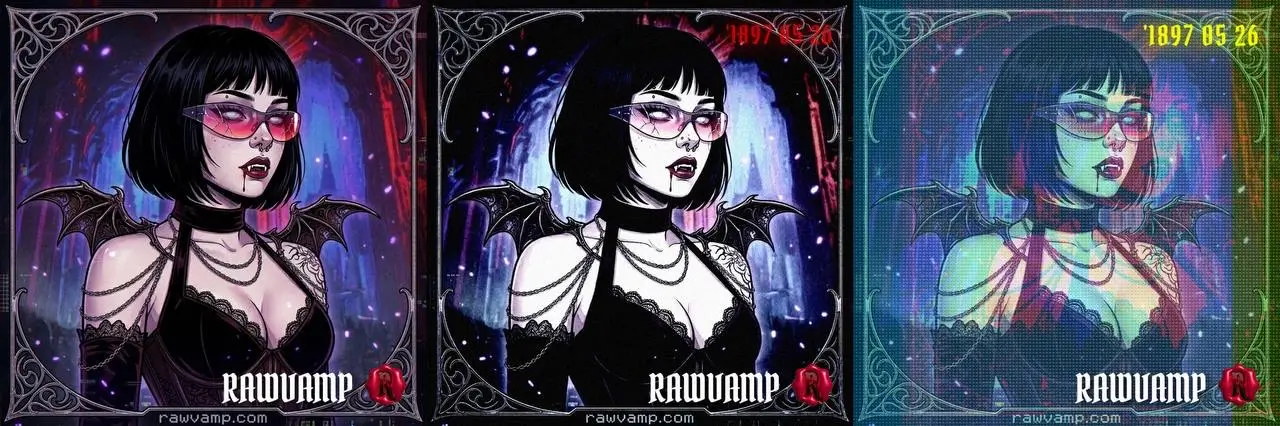 Y2K vampire PFP color shift stages showing progression from clean to neon glitch